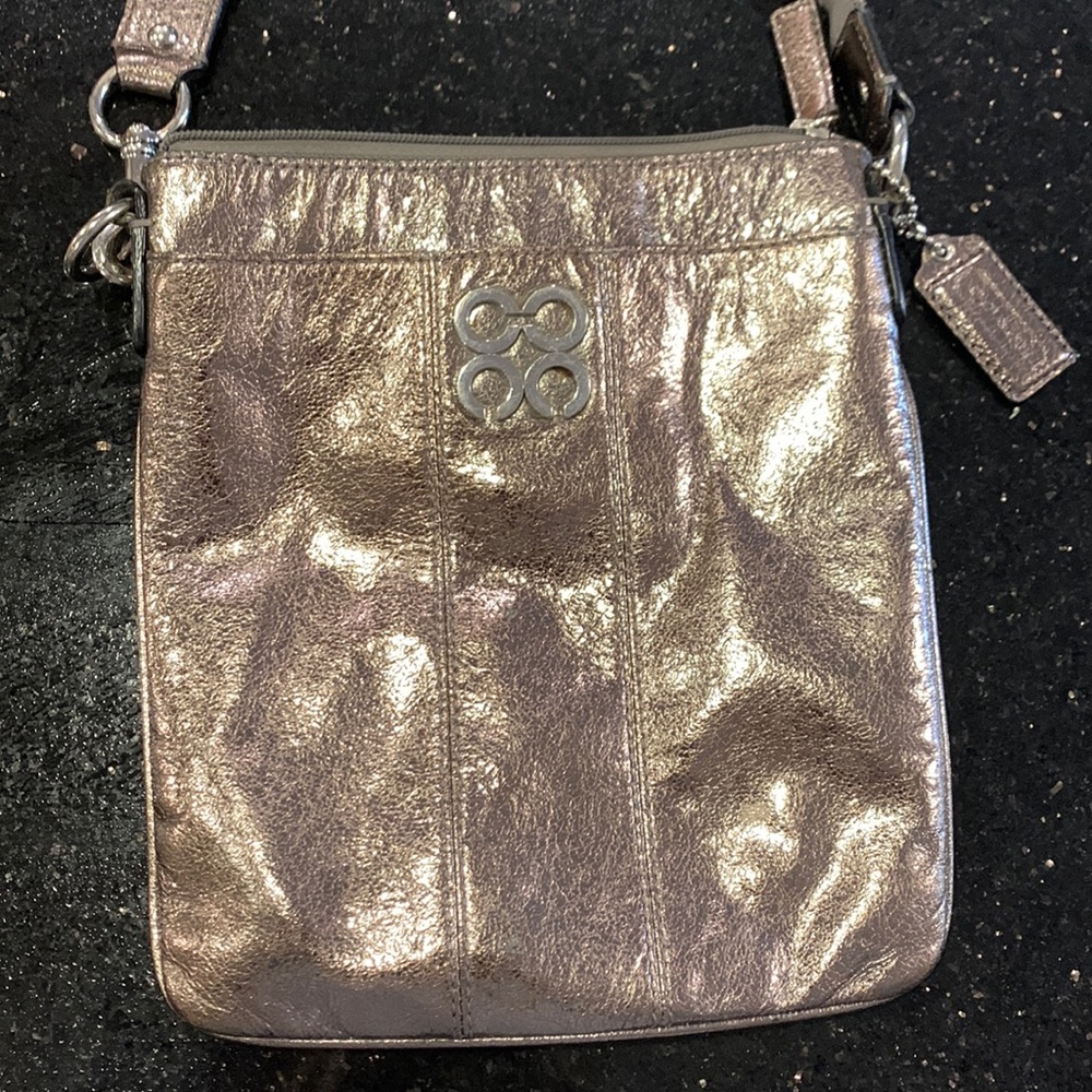 Coach silver leather  9x7 crossbody. Great everyday bag. Gently used.